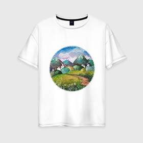 Женская футболка хлопок Oversize с принтом Акварельные поля и тропинка в Тюмени, 100% хлопок | свободный крой, круглый ворот, спущенный рукав, длина до линии бедер
 | акварель | деревня | дома | зеленый | круг | лето | поля | рисунок