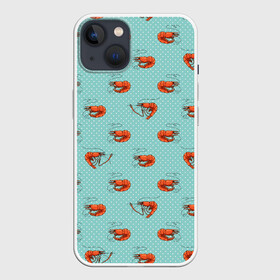 Чехол для iPhone 13 с принтом Креветки паттерн в Тюмени,  |  | sea food | вареные креветки | винтажный стиль | голубо зеленый цвет | горошек | еда | креветки | морепродукты | морские гады | оранжевый | паттерн | цвет тиффани
