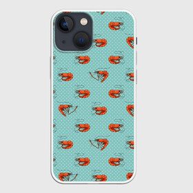 Чехол для iPhone 13 mini с принтом Креветки паттерн в Тюмени,  |  | sea food | вареные креветки | винтажный стиль | голубо зеленый цвет | горошек | еда | креветки | морепродукты | морские гады | оранжевый | паттерн | цвет тиффани