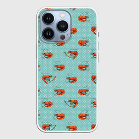 Чехол для iPhone 13 Pro с принтом Креветки паттерн в Тюмени,  |  | sea food | вареные креветки | винтажный стиль | голубо зеленый цвет | горошек | еда | креветки | морепродукты | морские гады | оранжевый | паттерн | цвет тиффани