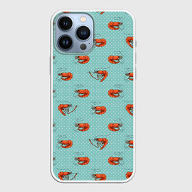 Чехол для iPhone 13 Pro Max с принтом Креветки паттерн в Тюмени,  |  | sea food | вареные креветки | винтажный стиль | голубо зеленый цвет | горошек | еда | креветки | морепродукты | морские гады | оранжевый | паттерн | цвет тиффани