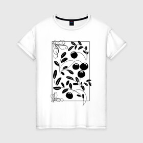 Женская футболка хлопок с принтом Клюква: черный силуэт в Тюмени, 100% хлопок | прямой крой, круглый вырез горловины, длина до линии бедер, слегка спущенное плечо | ботанический | клюква | листья | орнамент | растительный | силуэт | ягоды