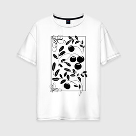 Женская футболка хлопок Oversize с принтом Клюква: черный силуэт в Тюмени, 100% хлопок | свободный крой, круглый ворот, спущенный рукав, длина до линии бедер
 | ботанический | клюква | листья | орнамент | растительный | силуэт | ягоды