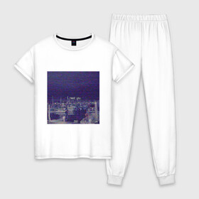 Женская пижама хлопок с принтом Ночь в Тюмени, 100% хлопок | брюки и футболка прямого кроя, без карманов, на брюках мягкая резинка на поясе и по низу штанин | vhs | вхс | кассета | ночь | яхты