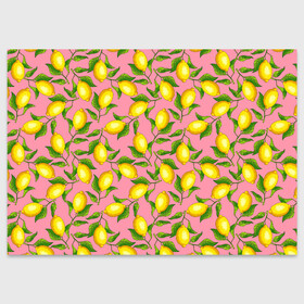 Поздравительная открытка с принтом Лимоны паттерн в Тюмени, 100% бумага | плотность бумаги 280 г/м2, матовая, на обратной стороне линовка и место для марки
 | ботаника | еда | желтые лимоны | иллюстрация | летний принт | лето | лимоны | паттерн | рисунок | розовый цвет | фрукты