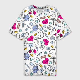 Платье-футболка 3D с принтом Медицинский паттерн в Тюмени,  |  | врач | доктор | дудл | иллюстрация | медбрат | медицинский | медсестра | паттерн | рисунок | стетоскоп