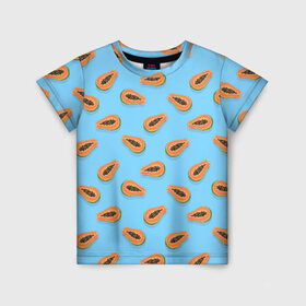 Детская футболка 3D с принтом Папайа паттерн в Тюмени, 100% гипоаллергенный полиэфир | прямой крой, круглый вырез горловины, длина до линии бедер, чуть спущенное плечо, ткань немного тянется | вегетарианец | еда | зож | иллюстрация | летний принт | папайа | паттерн | правильное питание | рисунок | фрукты