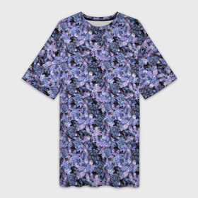Платье-футболка 3D с принтом Сине фиолетовый цветочный узор в Тюмени,  |  | однотонный | ретро | синие цветы | темный узор | цветочный узор | цветы