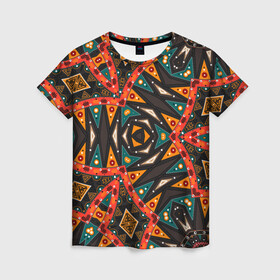 Женская футболка 3D с принтом Абстрактный арабский узор  в Тюмени, 100% полиэфир ( синтетическое хлопкоподобное полотно) | прямой крой, круглый вырез горловины, длина до линии бедер | абстрактный | арабский | восточный | геометрические фигуры | заплатки | коричневый | оранжевый | орнамент | пэчворк | современный