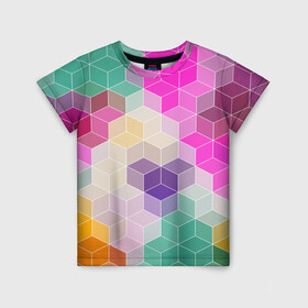 Детская футболка 3D с принтом Абстрактный разноцветный узор  в Тюмени, 100% гипоаллергенный полиэфир | прямой крой, круглый вырез горловины, длина до линии бедер, чуть спущенное плечо, ткань немного тянется | абстрактный | бирюзовый | бордовый | геометрические фигуры | модный | розовый | ромбы | современный