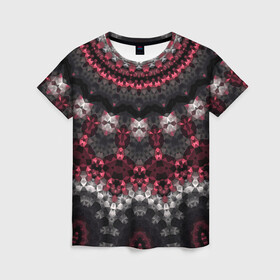 Женская футболка 3D с принтом Красно-черный мозаичный узор  в Тюмени, 100% полиэфир ( синтетическое хлопкоподобное полотно) | прямой крой, круглый вырез горловины, длина до линии бедер | абстрактный | восточный орнамент | калейдоскоп | красный и черный | креативный | модный | мозаика | орнамент | популярный | современный