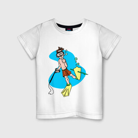Детская футболка хлопок с принтом Подводный охотник в Тюмени, 100% хлопок | круглый вырез горловины, полуприлегающий силуэт, длина до линии бедер | в маске | вода | гарпун | на отдыхе | ныряльщик | охота | под водой | подводное снаряжение | подводный охотник | рыбалка | человек