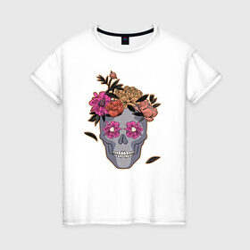 Женская футболка хлопок с принтом День мертвых Мексика в Тюмени, 100% хлопок | прямой крой, круглый вырез горловины, длина до линии бедер, слегка спущенное плечо | calavera | sugar skull | день мертвых | иллюстрация | калавера | мексика | мексиканская вечеринка | мехико | рисунок | цветы | череп | череп с цветами