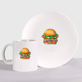 Набор: тарелка + кружка с принтом Даблмак в Тюмени, керамика | Кружка: объем — 330 мл, диаметр — 80 мм. Принт наносится на бока кружки, можно сделать два разных изображения. 
Тарелка: диаметр - 210 мм, диаметр для нанесения принта - 120 мм. | бургер | вредная еда | гамбургер | иллюстрация | макдак | чизбургер