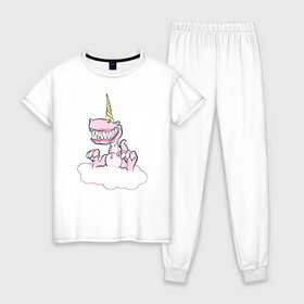 Женская пижама хлопок с принтом Динорог в Тюмени, 100% хлопок | брюки и футболка прямого кроя, без карманов, на брюках мягкая резинка на поясе и по низу штанин | динозавр | зубы | нежность | облако | рог