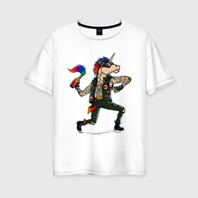 Женская футболка хлопок Oversize с принтом Единорг Панк в Тюмени, 100% хлопок | свободный крой, круглый ворот, спущенный рукав, длина до линии бедер
 | pride | единорог | конь | лошадь | панг | рог | рок