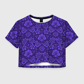 Женская футболка Crop-top 3D с принтом Домашние обои  в Тюмени, 100% полиэстер | круглая горловина, длина футболки до линии талии, рукава с отворотами | домашние обои | обои | орнамент | текстуры | узор | фиолетовое | хохлома | цветы