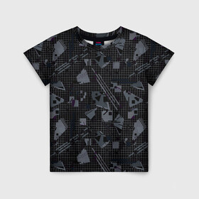 Детская футболка 3D с принтом Темный серый узор мемфис в Тюмени, 100% гипоаллергенный полиэфир | прямой крой, круглый вырез горловины, длина до линии бедер, чуть спущенное плечо, ткань немного тянется | абстрактный | геометрический | детский | клетка | клетчатый узор | линии | мемфис | популярный | современный | темно черный | школьный