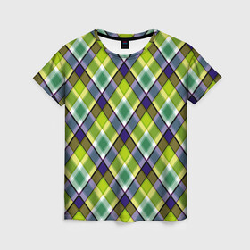 Женская футболка 3D с принтом Крупный клетчатый косой узор в Тюмени, 100% полиэфир ( синтетическое хлопкоподобное полотно) | прямой крой, круглый вырез горловины, длина до линии бедер | зеленый | зеленый и синий | клетка | клетчатый узор | косая клетка | модный | молодежный | плед | современный