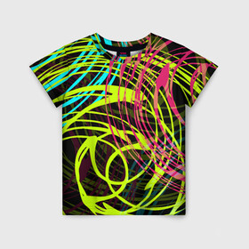 Детская футболка 3D с принтом Разноцветные спирали  в Тюмени, 100% гипоаллергенный полиэфир | прямой крой, круглый вырез горловины, длина до линии бедер, чуть спущенное плечо, ткань немного тянется | абстрактный | желтый | круги | модный | молодежный | разводы | разноцветная абстракция | розовый | современный | спирали | черный
