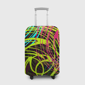 Чехол для чемодана 3D с принтом Разноцветные спирали  в Тюмени, 86% полиэфир, 14% спандекс | двустороннее нанесение принта, прорези для ручек и колес | абстрактный | желтый | круги | модный | молодежный | разводы | разноцветная абстракция | розовый | современный | спирали | черный