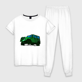 Женская пижама хлопок с принтом УАЗ Хантер I Hunter в Тюмени, 100% хлопок | брюки и футболка прямого кроя, без карманов, на брюках мягкая резинка на поясе и по низу штанин | off road | внедорожник | джип | зеленый | камень | уазик