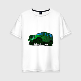 Женская футболка хлопок Oversize с принтом УАЗ Хантер I Hunter в Тюмени, 100% хлопок | свободный крой, круглый ворот, спущенный рукав, длина до линии бедер
 | Тематика изображения на принте: off road | внедорожник | джип | зеленый | камень | уазик