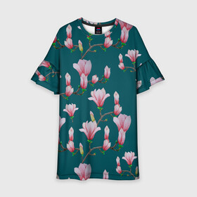 Детское платье 3D с принтом Розовые магнолии на бирюзовом в Тюмени, 100% полиэстер | прямой силуэт, чуть расширенный к низу. Круглая горловина, на рукавах — воланы | 8 марта | flowers | summer | бирюзовый | ботаническая иллюстрация | весна | зеленый | лето | любовь | магнолия | праздник | принт | природа | растения | розовый | цветы