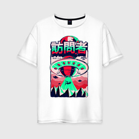 Женская футболка хлопок Oversize с принтом НЛО Похищение в Тюмени, 100% хлопок | свободный крой, круглый ворот, спущенный рукав, длина до линии бедер
 | горы | иероглифы | инопланетяне | летающая тарелка | марсианин | нло | пришельцы