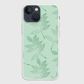 Чехол для iPhone 13 mini с принтом Зеленые листья на светло зеленом в Тюмени,  |  | 8 марта | leaves | summer | ботаническая иллюстрация | весна | зеленый | лето | листья | любовь | праздник | принт | природа | растения