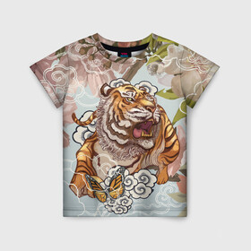 Детская футболка 3D с принтом Тигр в облаках в Тюмени, 100% гипоаллергенный полиэфир | прямой крой, круглый вырез горловины, длина до линии бедер, чуть спущенное плечо, ткань немного тянется | бабочка | восточные мотивы | нежность | облака | сакура | тигр | хищник | цветы