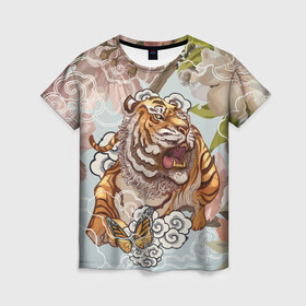 Женская футболка 3D с принтом Тигр в облаках в Тюмени, 100% полиэфир ( синтетическое хлопкоподобное полотно) | прямой крой, круглый вырез горловины, длина до линии бедер | бабочка | восточные мотивы | нежность | облака | сакура | тигр | хищник | цветы