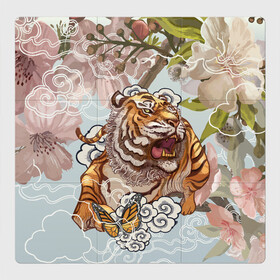 Магнитный плакат 3Х3 с принтом Тигр в облаках в Тюмени, Полимерный материал с магнитным слоем | 9 деталей размером 9*9 см | Тематика изображения на принте: бабочка | восточные мотивы | нежность | облака | сакура | тигр | хищник | цветы