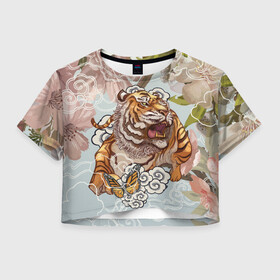 Женская футболка Crop-top 3D с принтом Тигр в облаках в Тюмени, 100% полиэстер | круглая горловина, длина футболки до линии талии, рукава с отворотами | Тематика изображения на принте: бабочка | восточные мотивы | нежность | облака | сакура | тигр | хищник | цветы