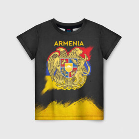 Детская футболка 3D с принтом Yellow and Black Armenia в Тюмени, 100% гипоаллергенный полиэфир | прямой крой, круглый вырез горловины, длина до линии бедер, чуть спущенное плечо, ткань немного тянется | armenia | logo | армения | армян | армяни | герб | лев и орел | лого | символ | флаг | флаг и герб армении