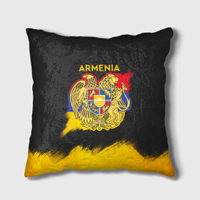 Подушка 3D с принтом Yellow and Black Armenia в Тюмени, наволочка – 100% полиэстер, наполнитель – холлофайбер (легкий наполнитель, не вызывает аллергию). | состоит из подушки и наволочки. Наволочка на молнии, легко снимается для стирки | Тематика изображения на принте: armenia | logo | армения | армян | армяни | герб | лев и орел | лого | символ | флаг | флаг и герб армении