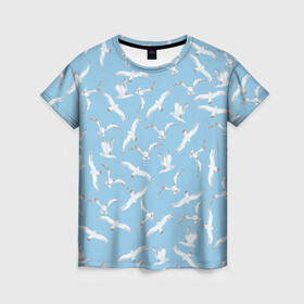 Женская футболка 3D с принтом Чайки в небе паттерн в Тюмени, 100% полиэфир ( синтетическое хлопкоподобное полотно) | прямой крой, круглый вырез горловины, длина до линии бедер | акварель | голубое небо | иллюстрация | паттерн | птицы | рисунок | чайка | чайки | чайки в небе