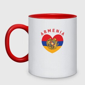 Кружка двухцветная с принтом The Heart of Armenia в Тюмени, керамика | объем — 330 мл, диаметр — 80 мм. Цветная ручка и кайма сверху, в некоторых цветах — вся внутренняя часть | armenia | logo | армения | армян | армяни | герб | лев и орел | лого | символ | флаг | флаг и герб армении