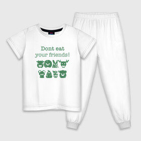 Детская пижама хлопок с принтом Не ешь друзей в Тюмени, 100% хлопок |  брюки и футболка прямого кроя, без карманов, на брюках мягкая резинка на поясе и по низу штанин
 | Тематика изображения на принте: green | greenpaece | vegan | yoga | веган | вегетарианец | гринпис | дерево | еда | животные | жизнь | здоровье | зеленый | йога | мир | овощи | пища | планета | природа | фрукты