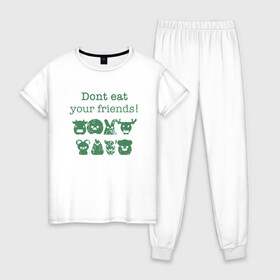 Женская пижама хлопок с принтом Не ешь друзей в Тюмени, 100% хлопок | брюки и футболка прямого кроя, без карманов, на брюках мягкая резинка на поясе и по низу штанин | green | greenpaece | vegan | yoga | веган | вегетарианец | гринпис | дерево | еда | животные | жизнь | здоровье | зеленый | йога | мир | овощи | пища | планета | природа | фрукты