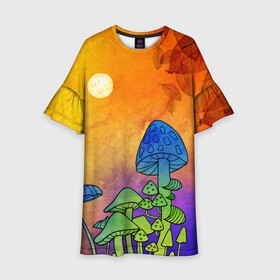Детское платье 3D с принтом Заколдованный лес в Тюмени, 100% полиэстер | прямой силуэт, чуть расширенный к низу. Круглая горловина, на рукавах — воланы | Тематика изображения на принте: акварель | глитч грибы | грибы | грибы нарисованные карандашом | листва | необычный лес | цветные грибы