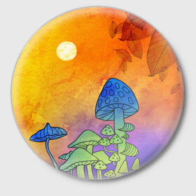 Значок с принтом Заколдованный лес в Тюмени,  металл | круглая форма, металлическая застежка в виде булавки | акварель | глитч грибы | грибы | грибы нарисованные карандашом | листва | необычный лес | цветные грибы