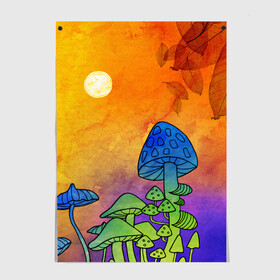 Постер с принтом Заколдованный лес в Тюмени, 100% бумага
 | бумага, плотность 150 мг. Матовая, но за счет высокого коэффициента гладкости имеет небольшой блеск и дает на свету блики, но в отличии от глянцевой бумаги не покрыта лаком | акварель | глитч грибы | грибы | грибы нарисованные карандашом | листва | необычный лес | цветные грибы