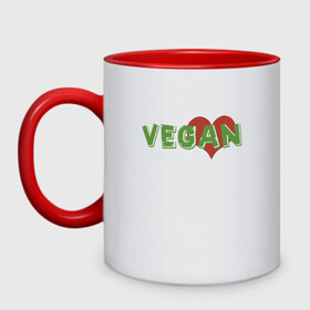 Кружка двухцветная с принтом Vegan Love в Тюмени, керамика | объем — 330 мл, диаметр — 80 мм. Цветная ручка и кайма сверху, в некоторых цветах — вся внутренняя часть | green | greenpaece | love | vegan | yoga | веган | вегетарианец | гринпис | дерево | еда | животные | жизнь | здоровье | зеленый | йога | любовь | мир | овощи | пища | планета | природа | сердце | фрукты