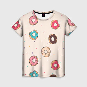 Женская футболка 3D с принтом Кусанные пончики в Тюмени, 100% полиэфир ( синтетическое хлопкоподобное полотно) | прямой крой, круглый вырез горловины, длина до линии бедер | булка с дыркой | булочка | десерт | пончик | пончики | симпсоны | сладкая булка