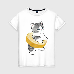Женская футболка хлопок с принтом Котёнок в бублике в Тюмени, 100% хлопок | прямой крой, круглый вырез горловины, длина до линии бедер, слегка спущенное плечо | арт | бублик | кот | котёнок | кошка | милая кошка | милый кот | милый котёнок | пончик | рисунок