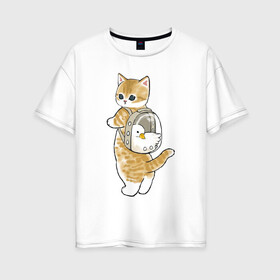 Женская футболка хлопок Oversize с принтом Котёнок с гусём в Тюмени, 100% хлопок | свободный крой, круглый ворот, спущенный рукав, длина до линии бедер
 | арт | гусь | домашнее животное | кот | котёнок | кошка | милая кошка | милый кот | милый котёнок | пончик | прогулка | рисунок | рюкзак