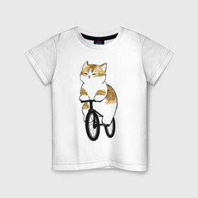 Детская футболка хлопок с принтом Котик на велосипеде в Тюмени, 100% хлопок | круглый вырез горловины, полуприлегающий силуэт, длина до линии бедер | арт | велосипед | ветер | кот | котёнок | кошка | милая кошка | милый кот | милый котёнок | отдых | отдыхает | пончик | рисунок