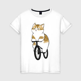 Женская футболка хлопок с принтом Котик на велосипеде в Тюмени, 100% хлопок | прямой крой, круглый вырез горловины, длина до линии бедер, слегка спущенное плечо | Тематика изображения на принте: арт | велосипед | ветер | кот | котёнок | кошка | милая кошка | милый кот | милый котёнок | отдых | отдыхает | пончик | рисунок