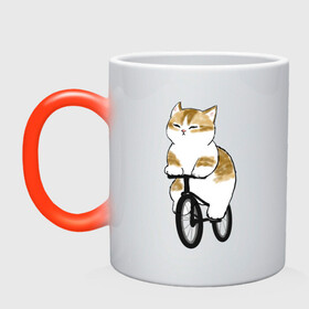 Кружка хамелеон с принтом Котик на велосипеде в Тюмени, керамика | меняет цвет при нагревании, емкость 330 мл | арт | велосипед | ветер | кот | котёнок | кошка | милая кошка | милый кот | милый котёнок | отдых | отдыхает | пончик | рисунок